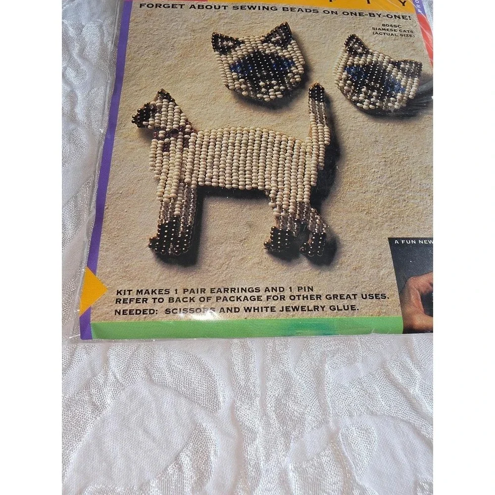 vintage Crafty Long-Stitch Beading Kit designed to create Siamese cat jewelry